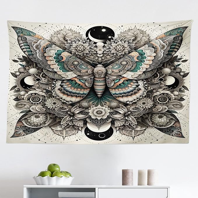 Ambesonne Mandala Tapestry, Medieval Esotery Inspired Oriental Moth with Floral Details Witchcore, Fabric Wall Hanging Decor for Bedroom Living Room Dorm, 45" X 30", Grey Yellow Green Sepia