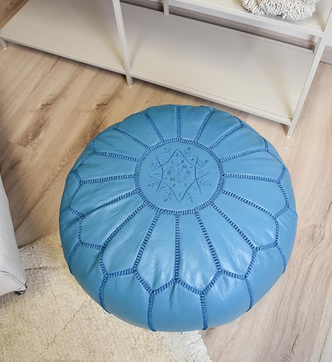 Poufs&Pillows Premium Moroccan Leather Pouf - Handmade - Delivered Stuffed - Ottoman, Footstool, Floor Cushion (Turquoise)
