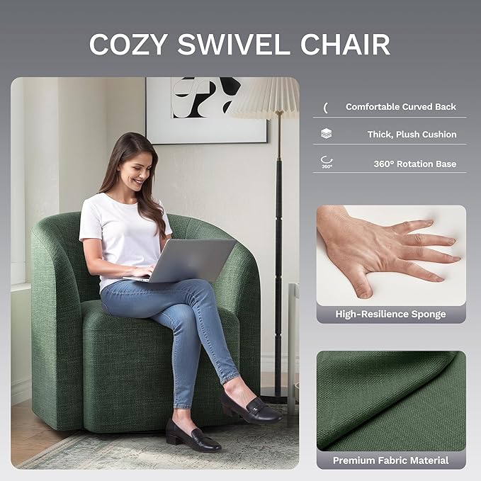 COLAMY Swivel Accent Chair, Modern Barrel Round Chair, Upholstered Comfy Living Room Chair with Armrest, Armchair for Reading Room/Bedroom/Waiting Room/Office, No Assembly, Green