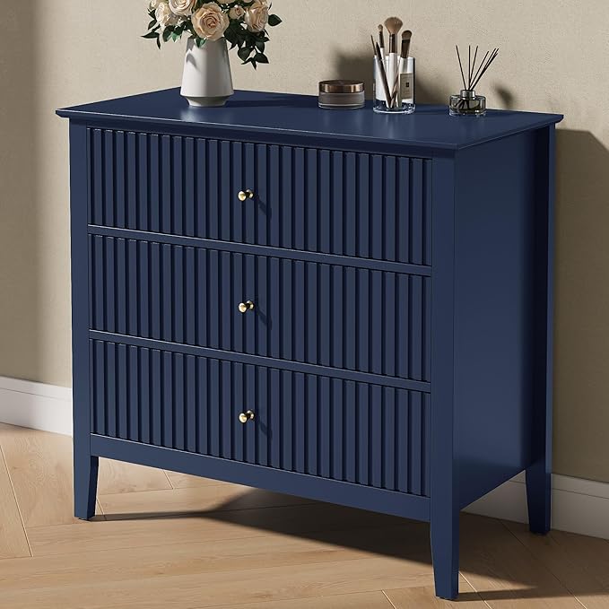 Large Blue 3-Drawer Dresser, 30 Inch Tall Painted Wood Nightstand with Storage, Wide Modern Chest of Drawers with Ball Bearing Slide for Bedroom Hallway Living Room Entryway Office