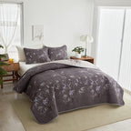 Flysheep Quilt Set 3 Pieces Full/Queen Size, Black Leaves Botanical Design Reversible Bedspread Coverlet Set, Soft Microfiber Lightweight Bed Cover for All Season (90" x 90", 1 Quilt+ 2 Pillow Shams)