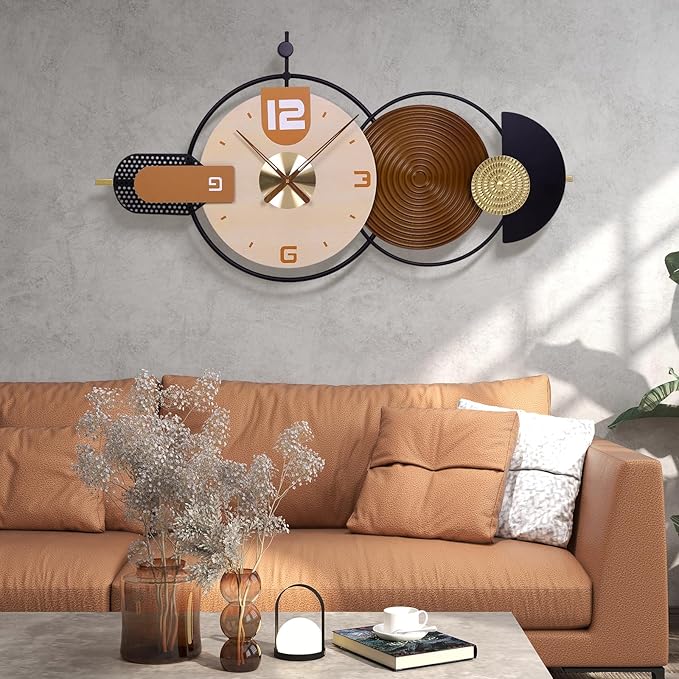 38x20 Inch Large Modern Wall Clock for Living Room - Metal & Wood Combination, Silent Non-Ticking Battery Operated Decorative Clock for Home, Bedroom, Kitchen, Office