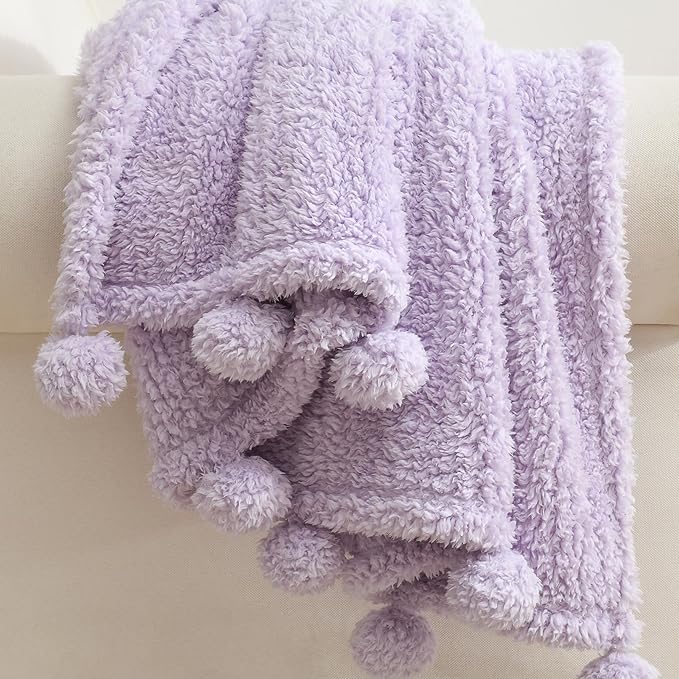 HORIMOTE HOME Ultra Soft Cozy Sherpa Throw Blanket with Pompom Fringe, Light Weight Warm Decorative Boho Style Plush Throw Blanket Cover for Couch, Sofa, Bedroom,Travel, Outdoor, 60”x80”, Purple