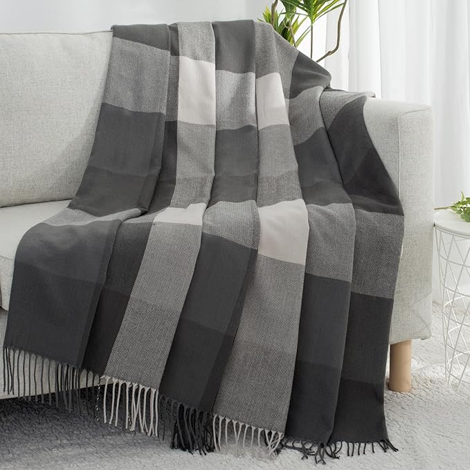 Buffalo Plaid Throw Blanket for Couch with Tassels,50"X60" Soft Lightweight Knitted Boho Decorative Blankets for Bed and Sofa Silver