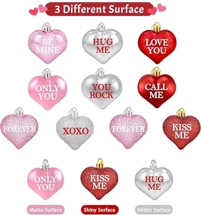 Tifeson 36Pcs Valentine's Day Heart Ornaments, Red Pink Silver Heart Shaped Valentine Ornaments for Tree Conversation Heart Decorations for Valentines Home Anniversary Decor