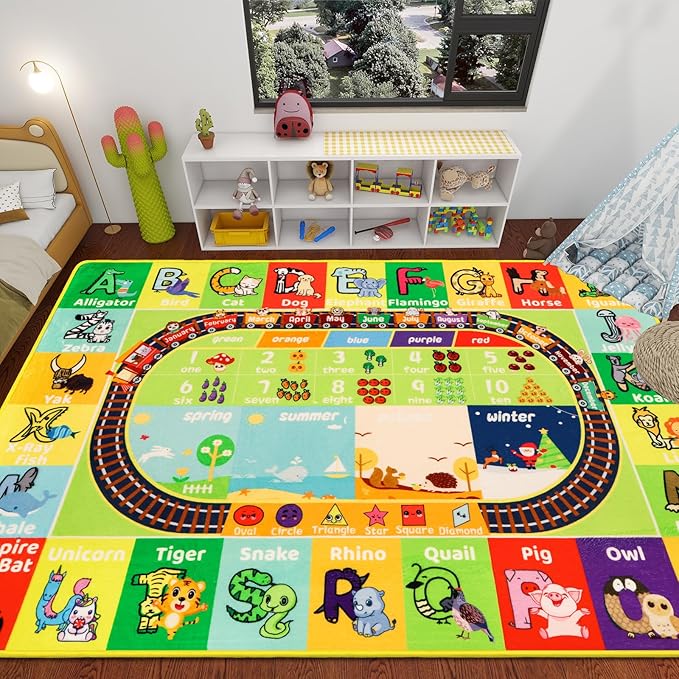 ABC Kids Rug for Playroom 78.7" × 118" Baby Play Mat Alphabet Rug Animal Number Shape Classroom Rug Kids Playroom Rug Early Learning Carpet for Educational Learning & Game Area Preschool