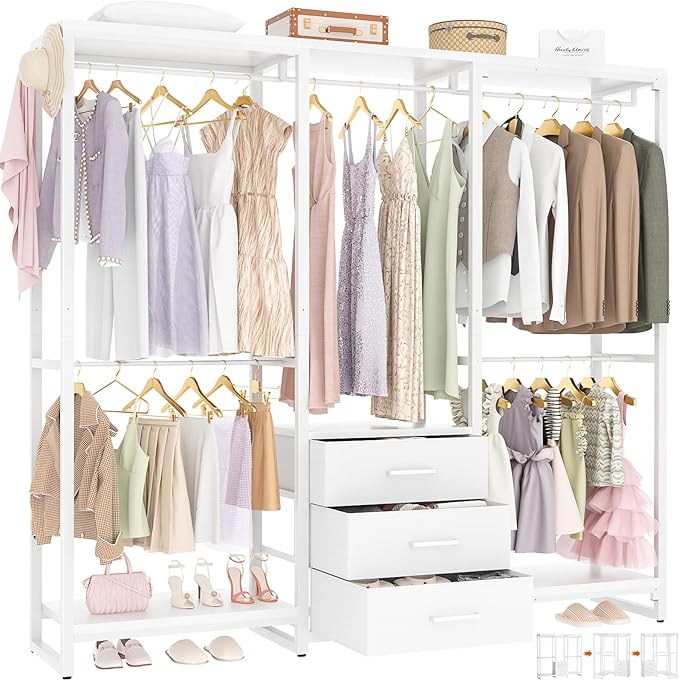 Aheaplus Garment Rack Heavy Duty Clothes Rack for Hanging Clothes,Clothing Rack with Drawers, Wood Stoarge Shelf Freestanding Closet Wardrobe Rack, Corner L Shaped Closet System Organizers, W3,White