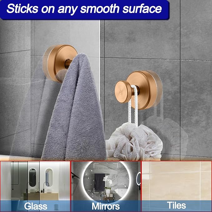 Suction Cup Hooks for Shower, Removable Towel Hooks for Bathroom Window Glass Door Wall, Bath Robe Looafh Wreath Hook for Hanging - 2 Pack, Champagne Bronze