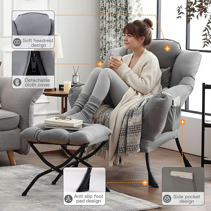 Lazy Chair with Ottoman, Large Lounge Accent Chair with Ottoman and a Throw Pillow, Light Gray Reading Chair for Living Room Bedroom Dorm Room Office Apartment Relaxing Use