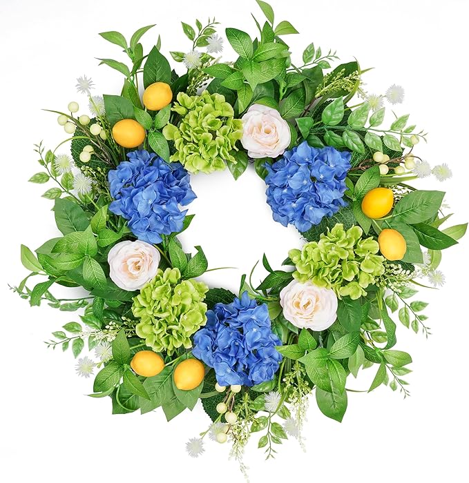 Vlorart 24” Spring Summer Wreaths for Front Door,Porch,Window-Large Artificial Hydrangea & Lemon Outdoor Wreath for Home,Farmhouse,Wedding Decor-Outside All Seasons