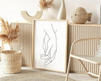 Holding Hands Wall Art Interlocking Fingers Connection Continuous Line Drawing 24x36 Inch Oak Wood Beige Framed Modern Minimalist Unity Print for Bedroom