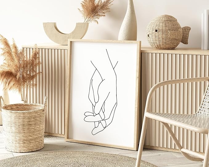 Holding Hands Wall Art Interlocking Fingers Connection Continuous Line Drawing 24x36 Inch Oak Wood Beige Framed Modern Minimalist Unity Print for Bedroom