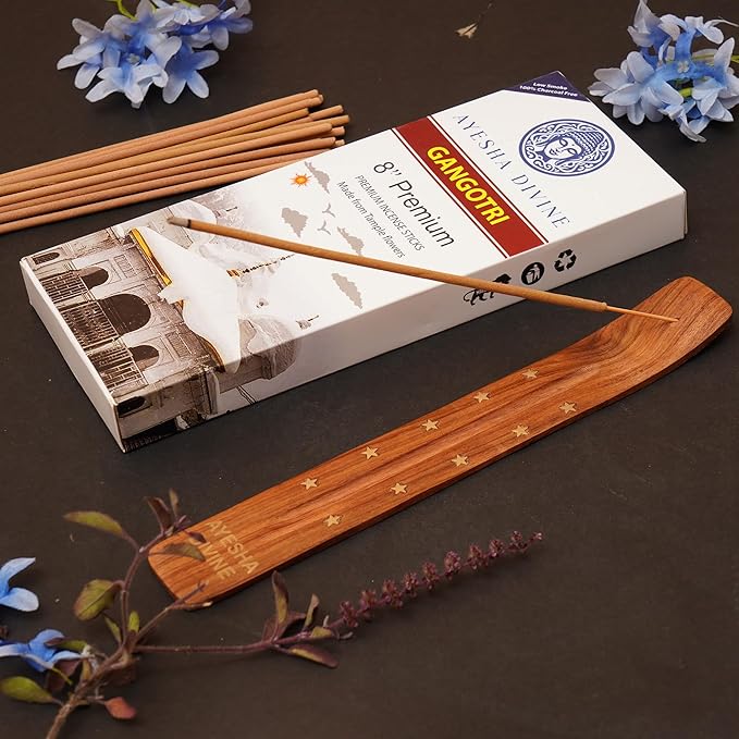 Incense Sticks 8 Inch, Made from Temple Flowers, Sandalwood and Frankincense Blend, Includes Incense Burner Stand, 80 Count, Long-Lasting Aroma for Meditation, Yoga, Home