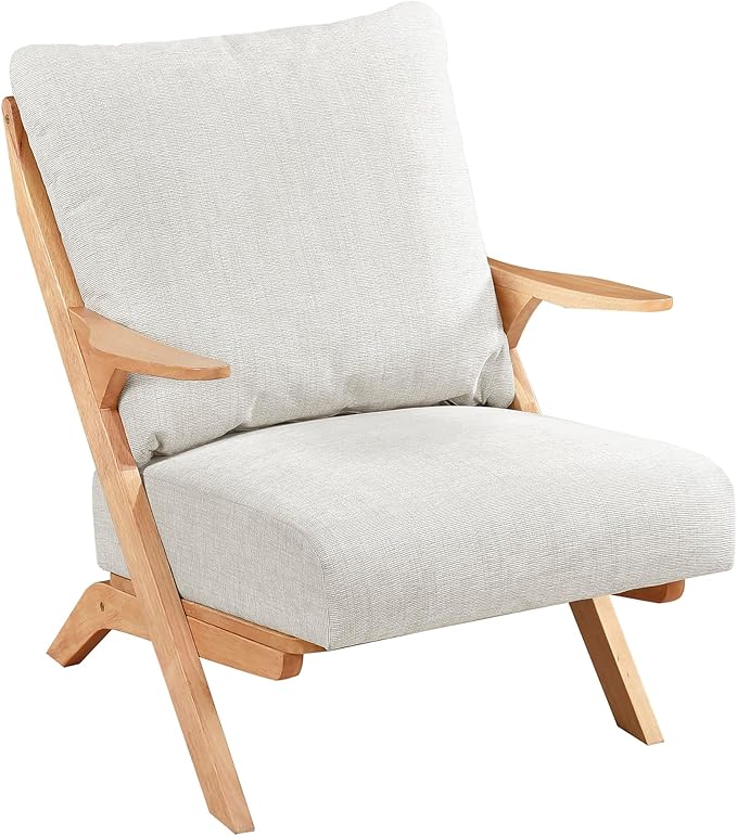 Lexicon Mid Century Modern Accent Chair, Natural Finish Solid Rubberwood Frame, Reversible Back Cushion, Woven Chenille Upholstered Reading Chair, for Living Room/Bedroom/Office, Beige