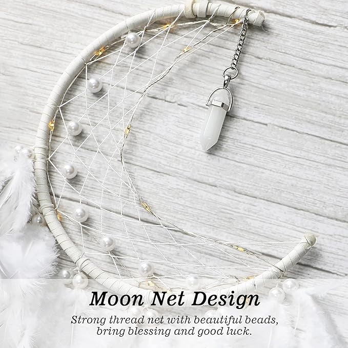 Dremisland Moon Dream Catcher with Fairy Lights-Handmade Feather Lucky Turquoise Pendant Beads Wall Hanging Ornament for Kids Bedroom Home Decoration,Art Craft Gift. (Pure White)