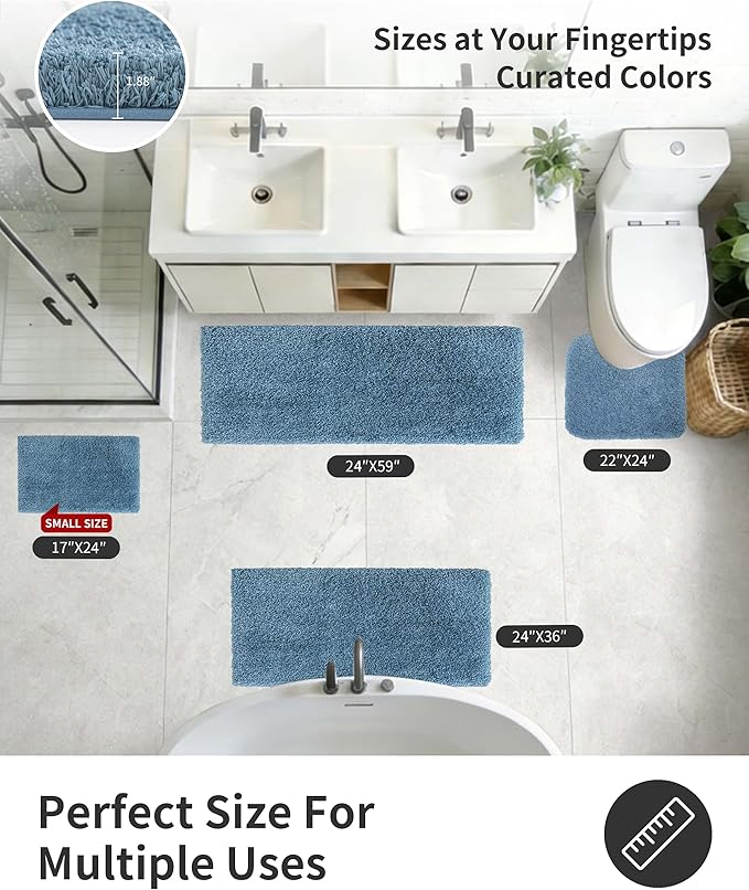 ILANGO Blue Bathroom Rugs 60" × 24" Non Slip & Super Absorbent Extra Thick Soft, Washable Bath Carpet Runner for Floor, Microfiber Plush Shaggy Bath Mats with Rubber for Bedroom Bathtub Shower Room