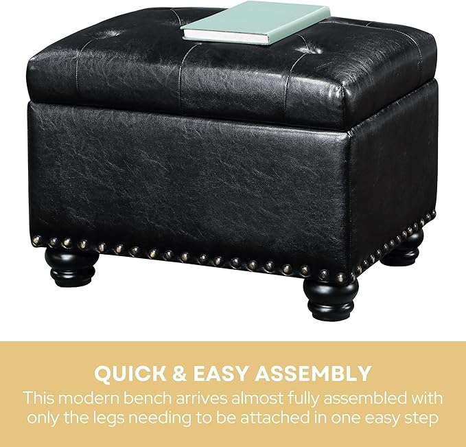 Convenience Concepts Designs4Comfort 5th Avenue Upholstered Storage Ottoman 24" - Contemporary Foot Stool and Seat with Hinged Lid for Living Room, Dining Room, Office, Den, Black Faux Leather