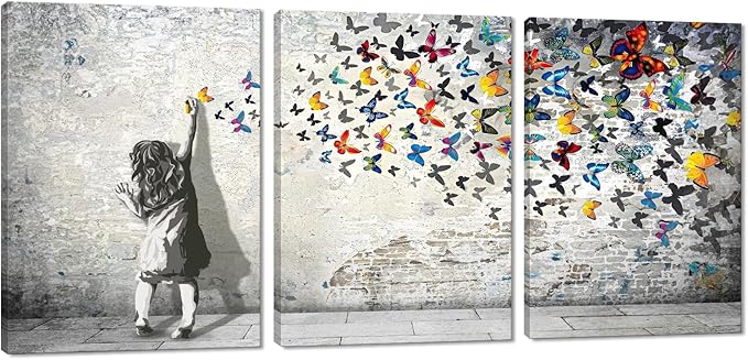Novatique Banksy Canvas Wall Art for Bedroom Street Graffiti Wall Art Modern Butterfly Paintings Decor Ready to Hang Graffiti Posters Artwork Print for Bathroom Office, 12" x 16" x 3Pcs