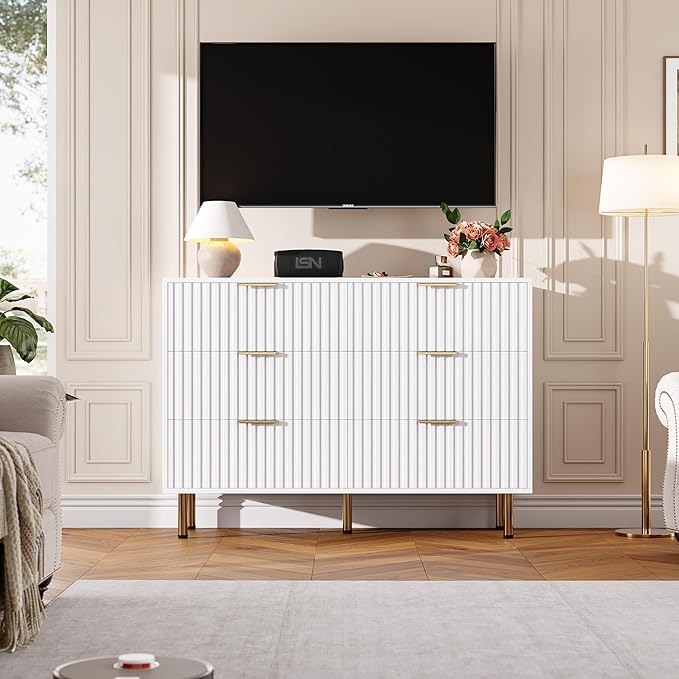 GarveeHome White 6 Drawer Dresser for Bedroom, Fluted 47.2 in Wide Modern Chest of Drawers with Deep Drawers, Long Large Double Dresser TV Stand for Living Room, Hallway, Kids Room