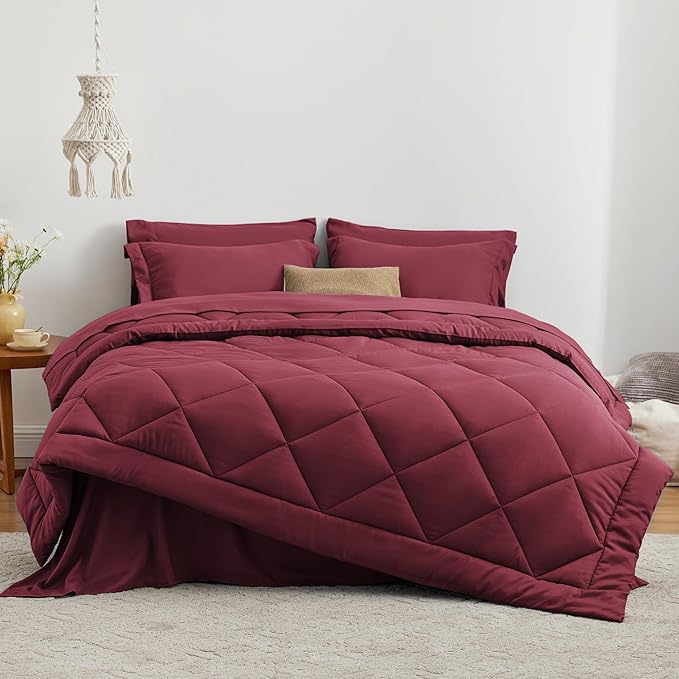 Love's cabin California King Comforter Set Burgundy, 7 Pieces California King Bed in a Bag, All Season Bedding Sets with 1 Comforter, 1 Flat Sheet, 1 Fitted Sheet, 2 Pillowcase and 2 Pillow Sham