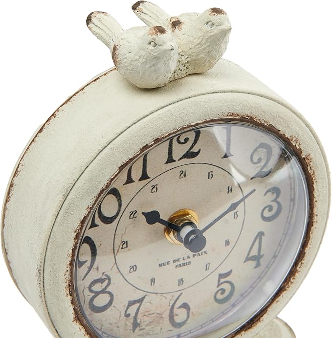 Creative Co-Op Vintage Pewter Mantel Clock with Birds, Distressed Cream