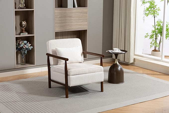 KEIKI Mid Century Modern Accent Chair with Storage, Upholstered Lounge Chair with Hidden Compartment and Waist Cushion