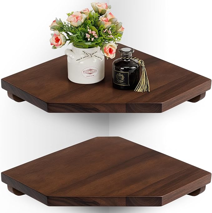 Demigo Hexagon Corner Floating Shelves Wall Mount (Set of 2) – Solid Acacia Wood with Hidden Brackets & Cable Hole – Rustic & Modern Space-Saving Shelves for Bedroom Living Room Office Kitchen