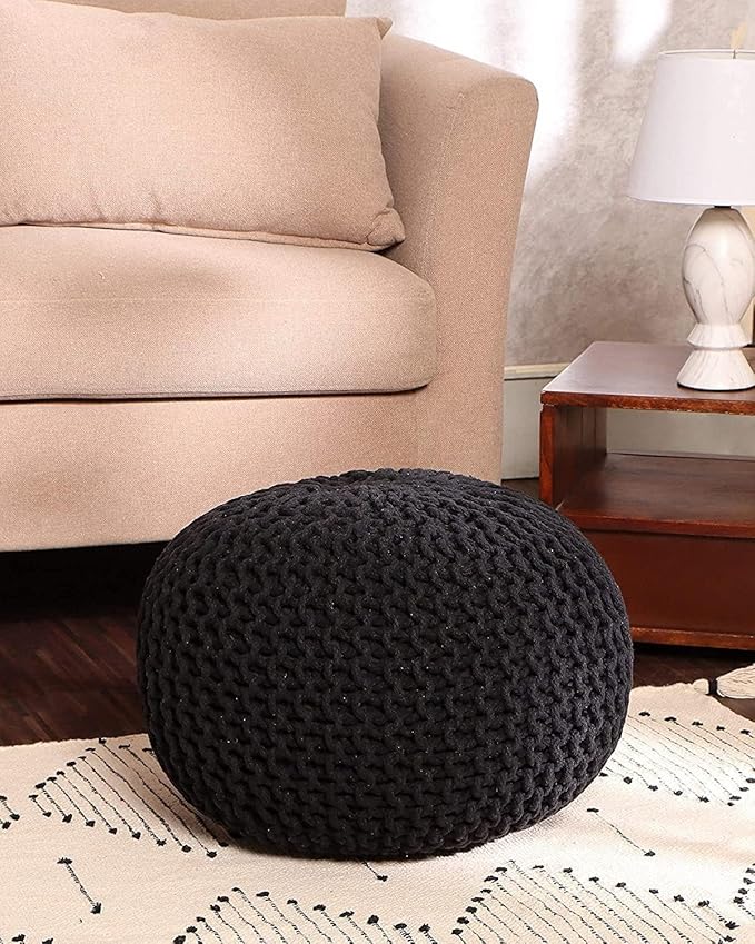 REDEARTH · Round Pouf Ottoman - Hand Knitted Cable Boho Poof Home Décor Pouffe Circular Footrest for Living Room - Nursery - Bedroom - Lounge 100% Cotton (19.5"x19.5"x14") - Black, Set of 2