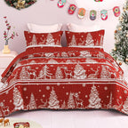 Exclusivo Mezcla Reversible Christmas Quilts King Size, Red Bedspread Lightweight Coverlet Winter Quilt Bedding Set with Printed Striped Trees Snowflakes Pattern (1 Quilt, 2 Pillow Shams)