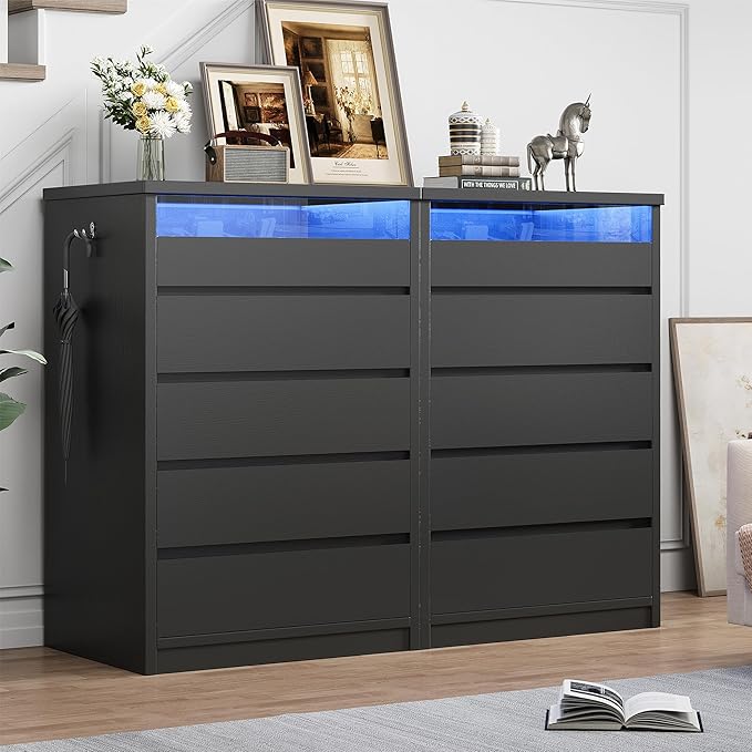 Larger Black 5 Drawer Dresser for Bedroom with LED Light, Modern Chest of Drawers with Hidden Handles, Tall Wooden Dresser Closet for Living Room, Entryway, Hallway - Black