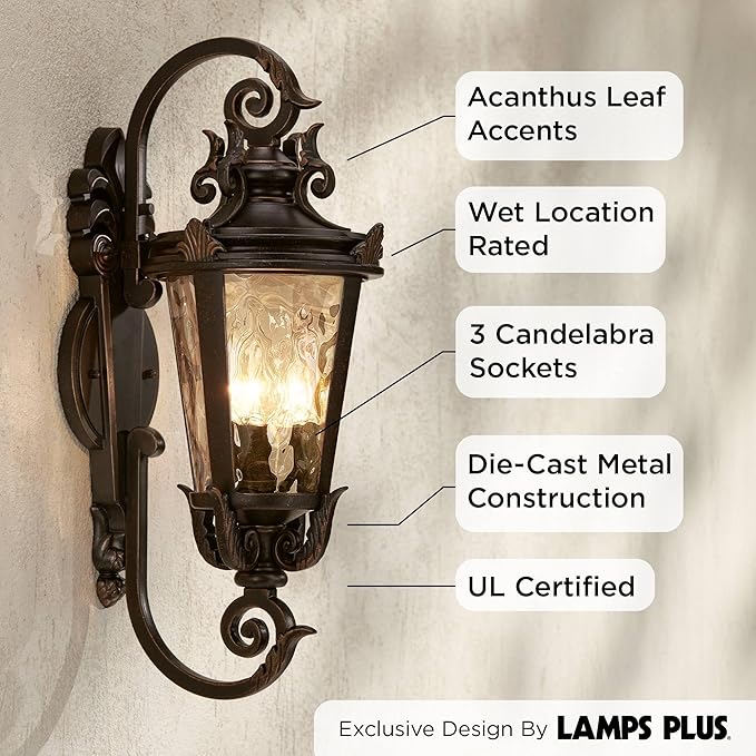 John Timberland Marseille Rustic Industrial Outdoor Wall Light Fixture Veranda Bronze Scroll 21 1/2" Champagne Hammered Glass for Exterior House Porch Patio Outside Deck Garage Front Door Home
