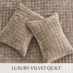RECYCO Luxury Velvet Quilt Queen Size Bedding Set, Ultra Soft Velvet Comforter Set, Lightweight Quilted Channel Box Stitch Oversized Bedspread Coverlet for All Season, with 2 Shams, Natural Tan
