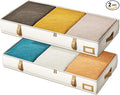 Vailando Under Bed Storage Containers, 6 Inches Tall 60L Underbed Storage Bins with Leather Handles and Sidewalls, Closet Organizer for Clothes, Blankets, Seasonal Items, Beige with Brown, 2-Pack