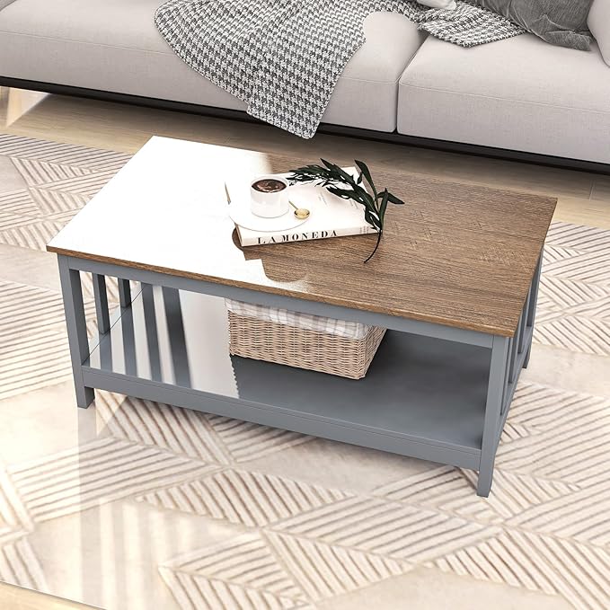 ChooChoo Grey Coffee Table, Coffee Table with Shelf for Living Room, 40 Inch