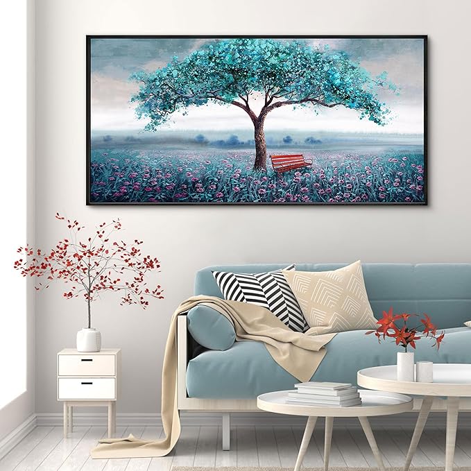 KLAKLA Extra Large Tree Wall Art - Teal Blue Nature Tree of Life Abstract Canvas Painting for Living Room Modern Large Panoramic Landscape Framed Artwork for Bedroom Office Home Decor