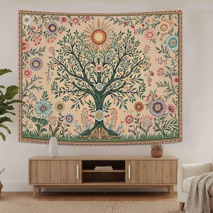 Lunerfex Chakra Tree Wall Tapestry - Celestial Sun & Floral Wall Hanging for Bedroom and Living Room - Boho Spiritual Decor Tapestries 48"x36"