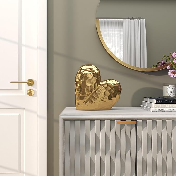 Deco 79 Porcelain Ceramic Heart Decorative Sculpture Dimensional Angled Origami Inspired Home Decor Statue, Accent Figurine 12" x 6" x 11", Gold