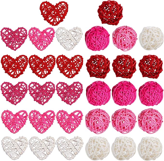 STMK 32 Pcs 2 Inch Valentine’s Day Heart Shaped & Round Rattan Balls Decorative, Wedding Wicker Balls Decorations for Valentine’s Day Decor DIY Vase Bowl Filler Wedding Decoration