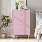GarveeHome 5 Drawer Dresser for Bedroom, Modern Pink Dresser with Gold Handle and Large Drawer, Wood Double Chest of Drawers and Storage Organizer for Living Room, Hallway, Entryway