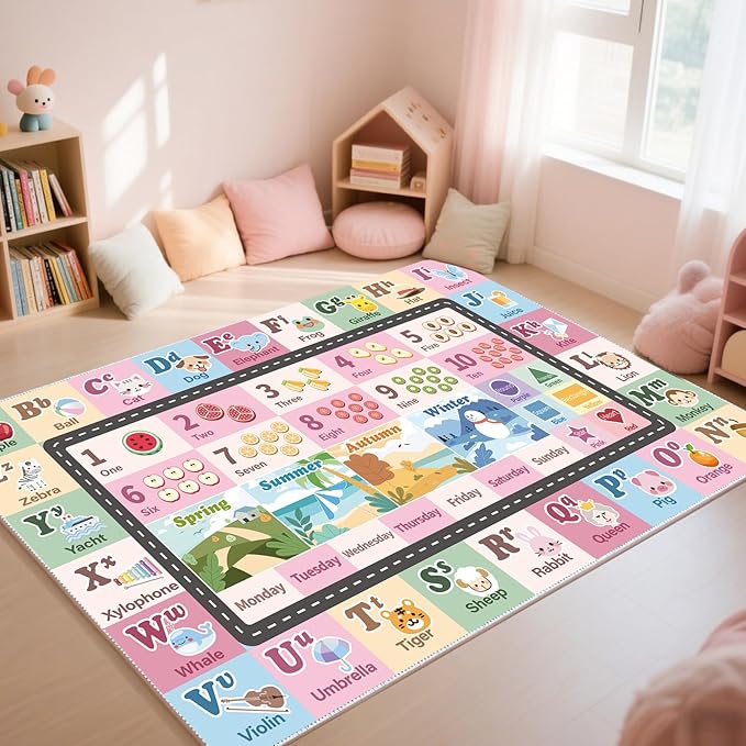Kids ABC Rug for Playroom, Classroom Alphabet Area Carpet Playmat,Washable Toddler Mat for Baby Room,Play Room,Bedroom,Floor,Nursery (Pink,5'x7')