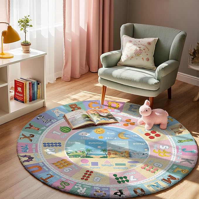 3.3ft Round Kids City Road Car Play Rug - Non-Slip Faux Wool Carpet with Interactive City Map Design, Educational Toy Vehicle Mat for Kids, Bedroom Playroom Nursery Gift.