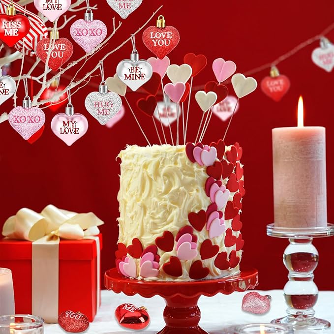 JULMELON 24Pcs Valentine's Day Heart Shaped Ornaments Romantic Valentines Conversation Heart Hanging Ornaments Decorations for Home Party Wedding Decor (Red, Pink and Silver)