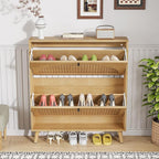 Shoe Storage Cabinet for Entryway with 2 Flip Drawers, Narrow Wood Shoe Cabinet with Fluted Panel, Freestanding Hidden Shoe Organizer for Foyer, Hallway (Wood Color - No Shelf)