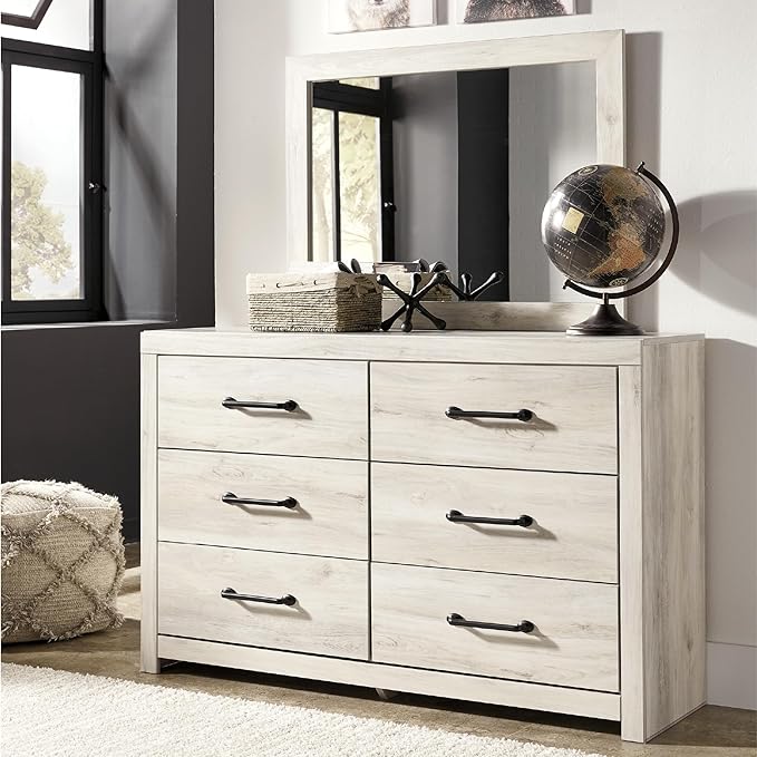 Signature Design by Ashley Cambeck Vintage Smooth-Gliding 6-Drawer Dresser and Mirror with Safety Stop, Whitewash