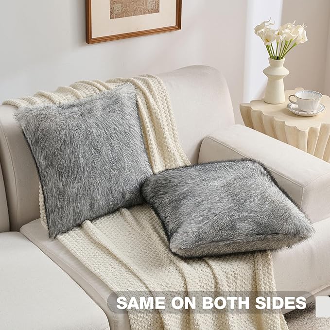 FUTEI Beige Gray Decorative Throw Pillow Covers 18x18 Inch Set of 2,Soft Faux Raccoon Fur Textured Cushion Case,Modern Home Luxurious Decor for Couch Bed Living Room