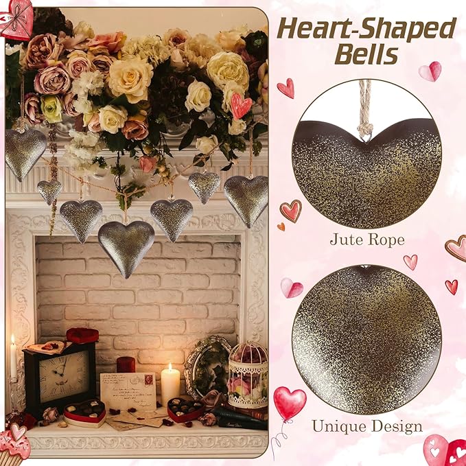 Frienda 8 Pcs Valentine's Day Metal Heart Indoor Outdoor Decorative Cow Bell Rustic Tibetan Inspired Meditation Wind Chime Bell with Jute Hanging Rope for DIY Craft Xmas Wall Decor(Bronze)