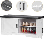 2-Tier Storage Bench, 39.4" Wide Shoe Bench with Padded Seat Cushion, Entryway Bench with 2 Barn Doors and Adjustable Shelf, White