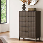 LINSY Fluted 5 Drawer Dresser for Bedroom, 46" Tall Mid-Century Modern Chest of Drawers, Deep Storage Dresser with Curved Corner Design, Large Accent Wood Cabinet for Bedroom, Walnut