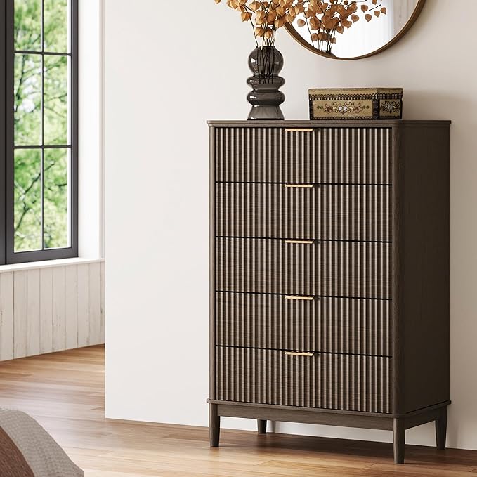 LINSY Fluted 5 Drawer Dresser for Bedroom, 46" Tall Mid-Century Modern Chest of Drawers, Deep Storage Dresser with Curved Corner Design, Large Accent Wood Cabinet for Bedroom, Walnut