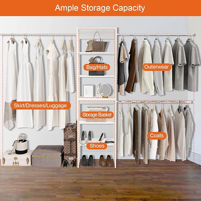 117 inch Large Wall-Mounted Closet Organizer with 5 Storage Shelves and 3 Hanging Rods – Open Wardrobe System-White